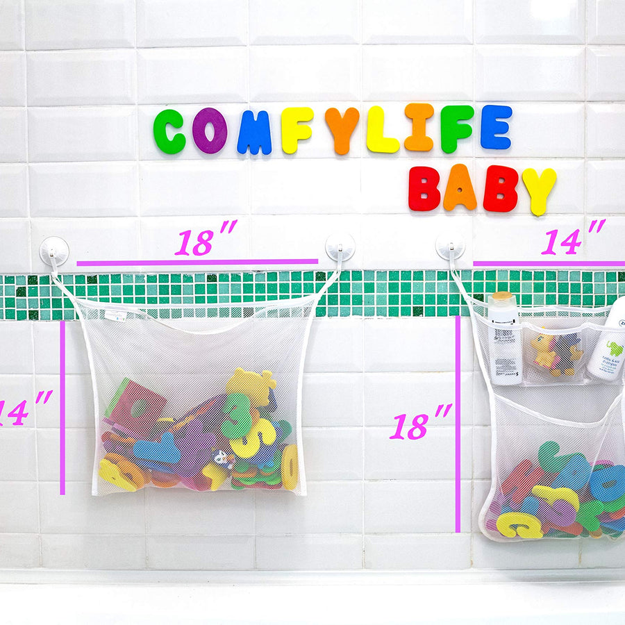 Comfylife 2 x Mesh Bath Toy Organizer + 6 Ultra Strong Hooks + 36 Bath Letters & Numbers – Eco-Safe, Fun, Educational Foam Baby Bath Letters and Perfect Toy Storage Net for Baby Bath Toys & More