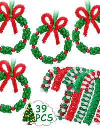 Christmas Beaded Ornament Kit - Xmas Party Craft Wreath Candy Cane Holiday Tree Decorations Kids Supplies, 39 Pieces
