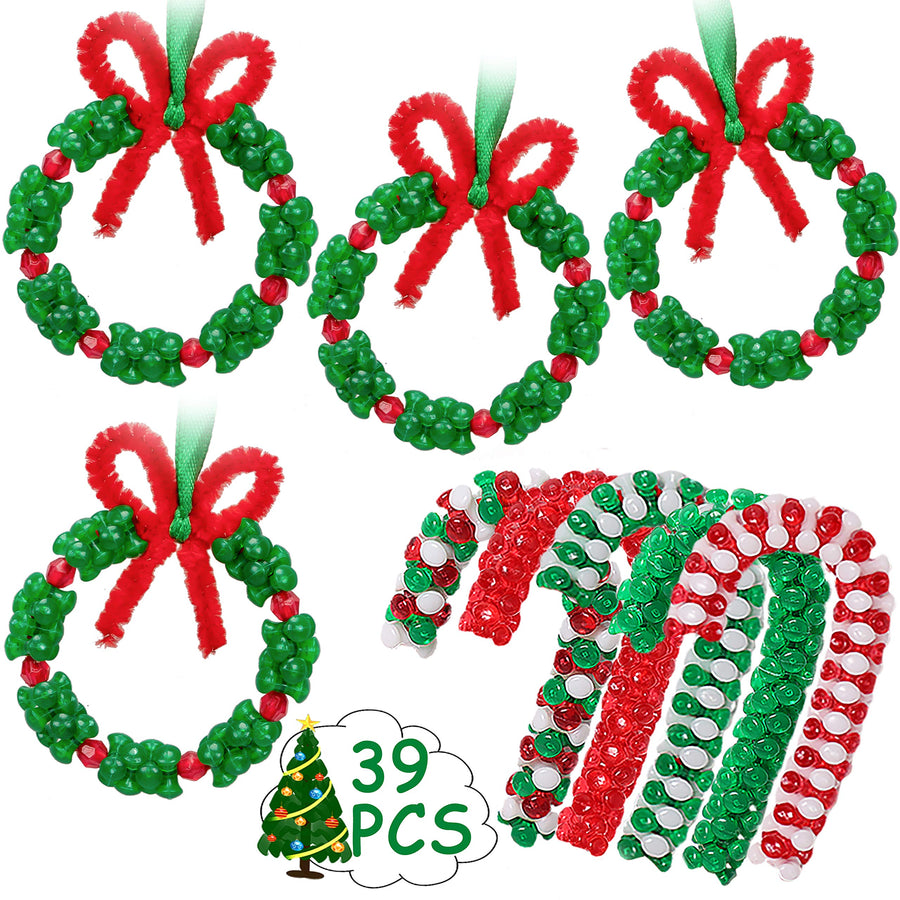 Christmas Beaded Ornament Kit - Xmas Party Craft Wreath Candy Cane Holiday Tree Decorations Kids Supplies, 39 Pieces