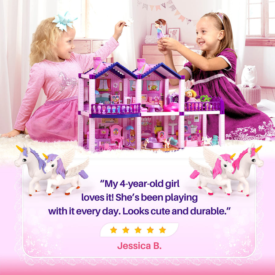 Dollhouse w/ 2 Princesses, 4 Unicorns and Dog Dolls - Pink / Purple Dream House Toy for Little Girls - 4 Rooms w/ Garden - Pretend Play for Toddlers w/ Furniture and Accessories - Girls Ages 3 - 6