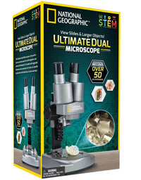 NATIONAL GEOGRAPHIC Dual LED Student Microscope – 50+ pc Science Kit Includes Set of 10 Prepared Biological & 10 Blank Slides, Lab Shrimp Experiment, 10x-25x Optical Glass Lenses and more! (Silver)
