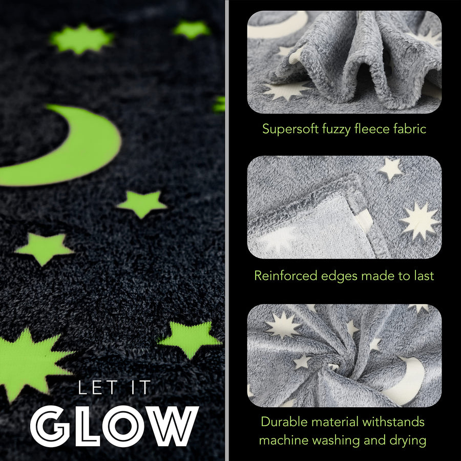 Glow in The Dark Throw Blanket Gift for Kids - Fun, Cozy Fleece Throw Blanket Made from Plush Polyester | Wrinkle-Resistant Soft Blanket Measures 50 x 60 Inches | Grey