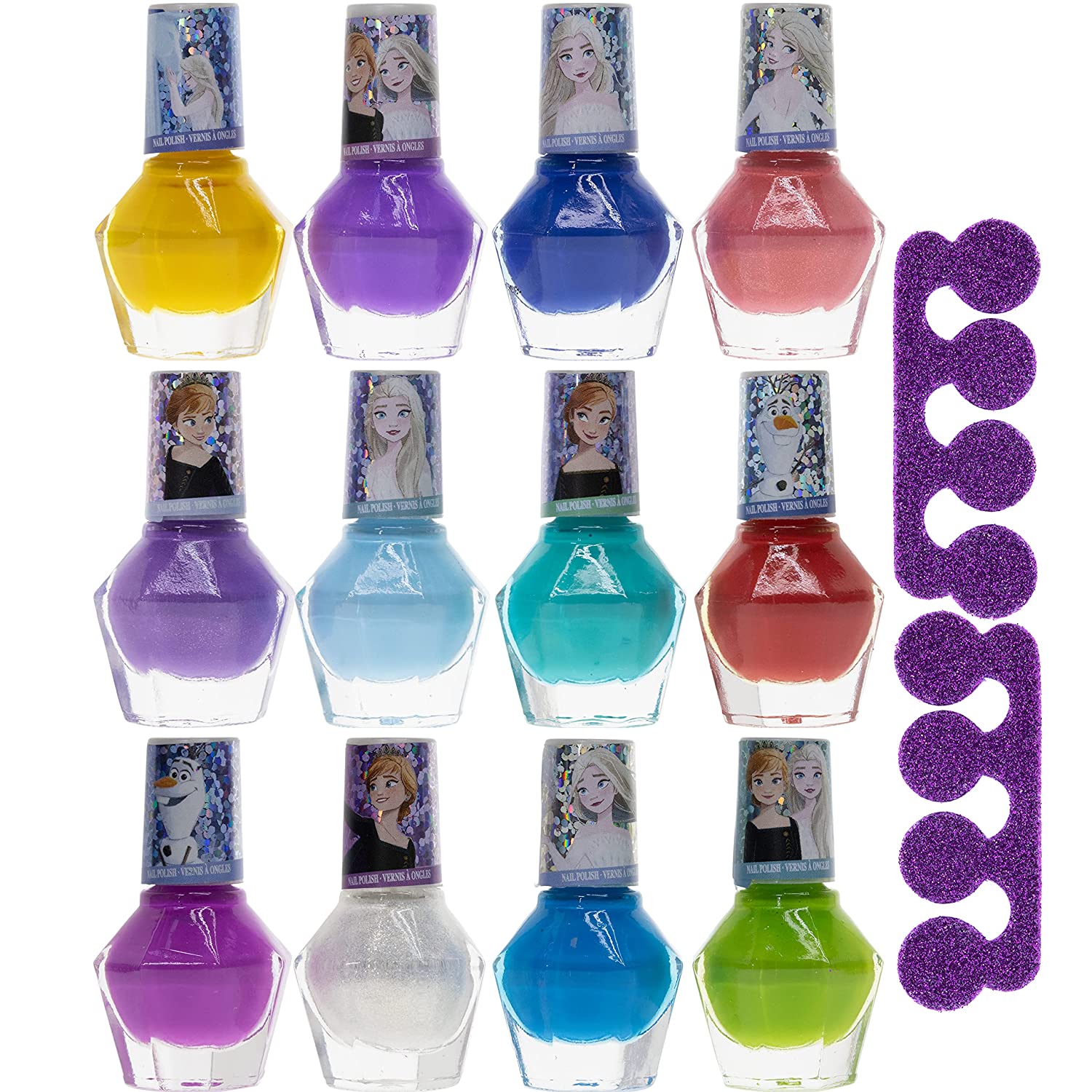 Disney Frozen - Townley Girl Non-Toxic Peel-Off Water-Based Natural Safe Quick Dry Nail Polish Gift Kit Set for Kids Toddler Girls Set With Bonus Nail Files, 12 Pcs (All Solid Colors)
