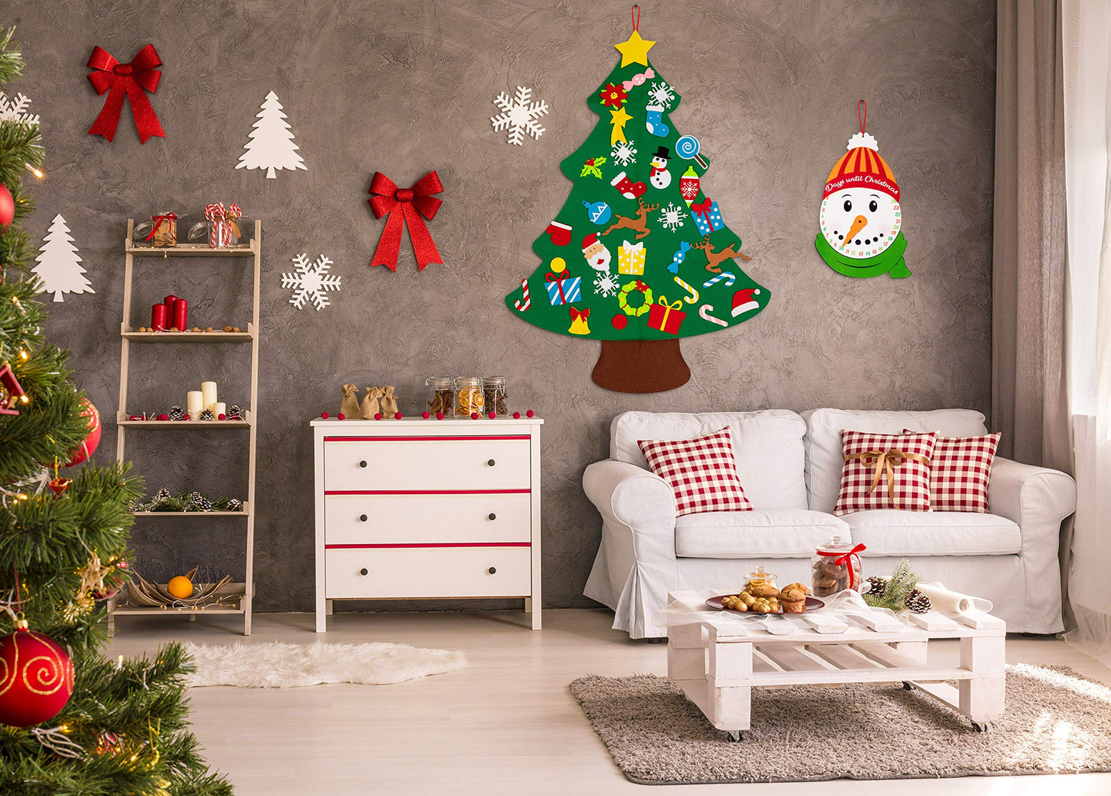 jollylife 3ft DIY Felt Christmas Tree Set Plus Snowman Advent Calendar - Xmas Decorations Wall Hanging 33 Ornaments Kids Gifts Party Supplies