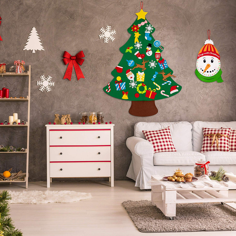 jollylife 3ft DIY Felt Christmas Tree Set Plus Snowman Advent Calendar - Xmas Decorations Wall Hanging 33 Ornaments Kids Gifts Party Supplies