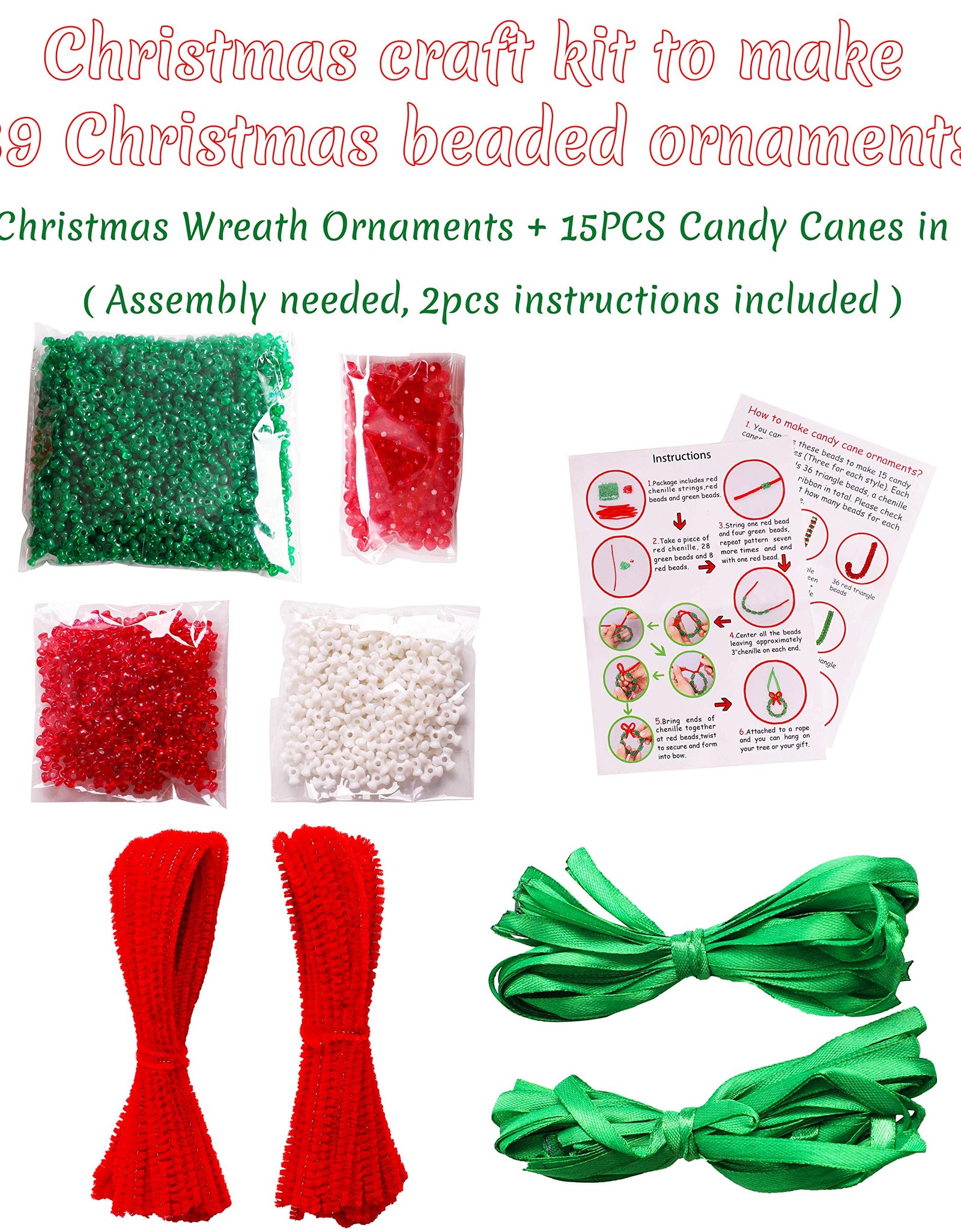 Christmas Beaded Ornament Kit - Xmas Party Craft Wreath Candy Cane Holiday Tree Decorations Kids Supplies, 39 Pieces