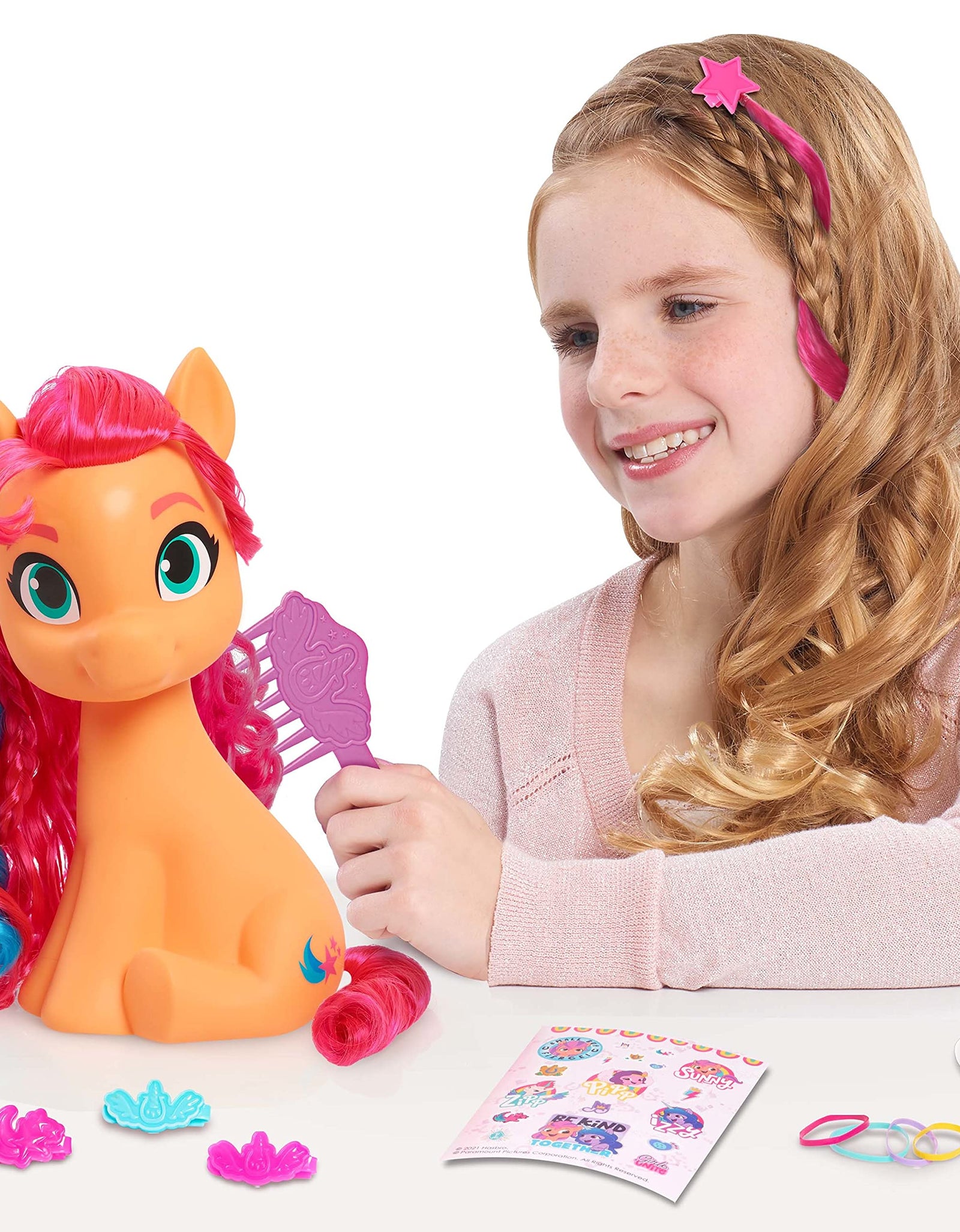 My Little Pony Sunny Starscout Styling Head, Color Change, 14-Pieces Include Wear and Share Accessories, Pink, Hair Styling for Kids, by Just Play