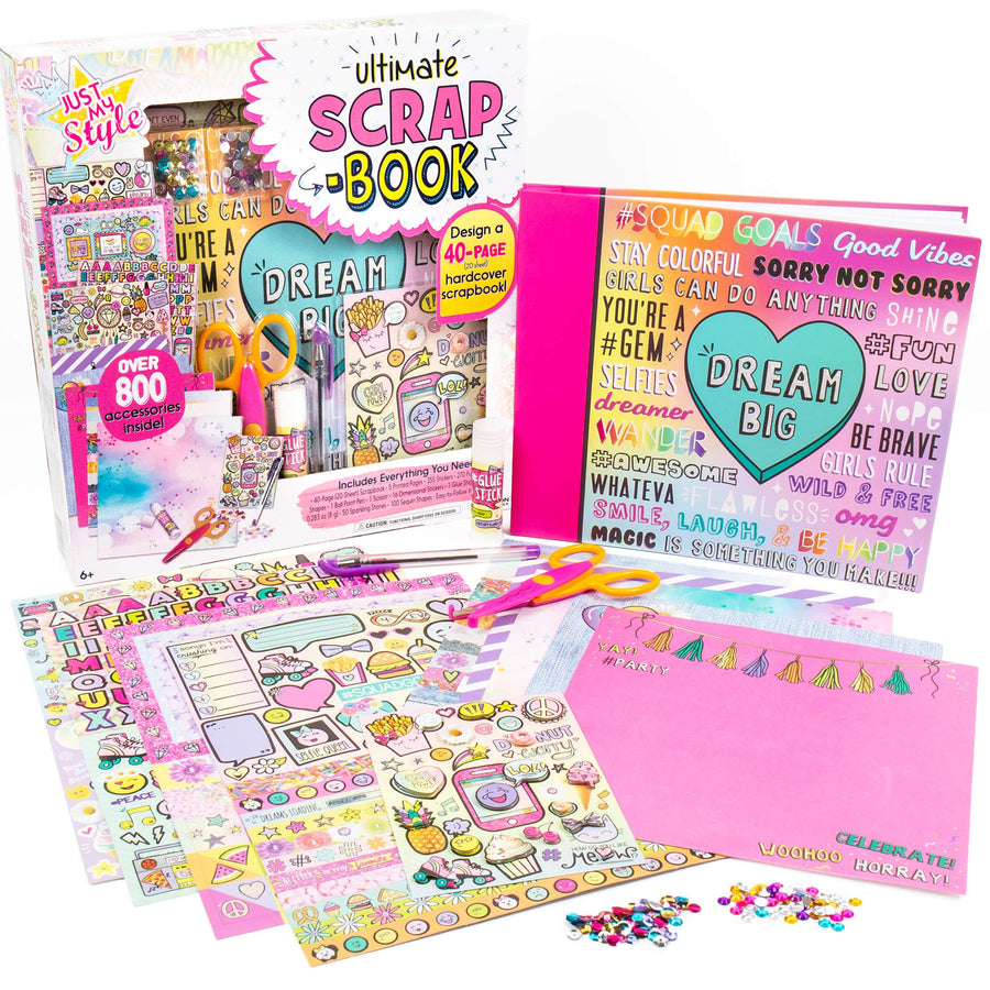 Just My Style Ultimate Scrapbook by Horizon Group USA,Personalize & Decorate Your DIY Scrapbook with Stickers,Sequins,Gemstones & More.40-Page Hardcover Scrapbook,Pen,Scissors & Glue Stick Included , Beige