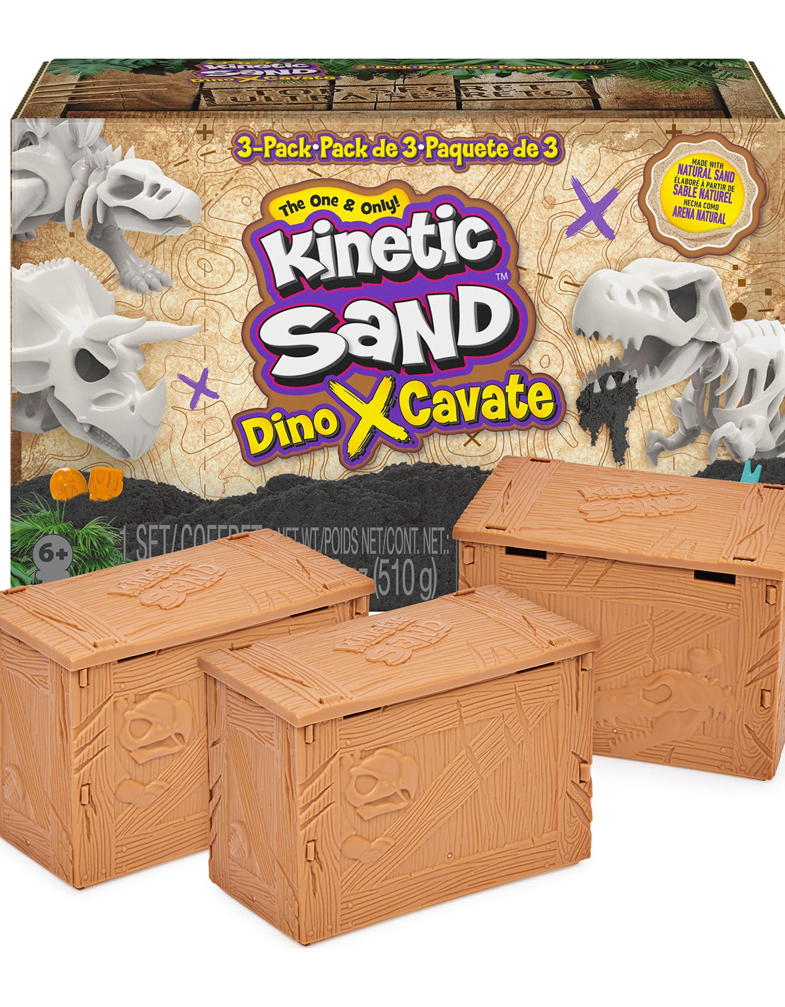 Kinetic Sand, Dino XCavate 3-Pack, Made with Natural Sand, Play Sand Sensory Toys for Kids Ages 6 and Up