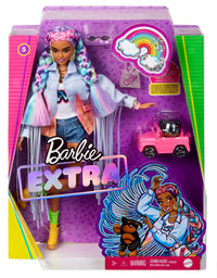 Barbie Extra Doll #5 in Long-Fringe Denim Jacket with Pet Puppy, Rainbow Braids, Layered Outfit & Accessories Including Car for Pet, Multiple Flexible Joints, Gift for Kids 3 Years Old & Up, 12 inch
