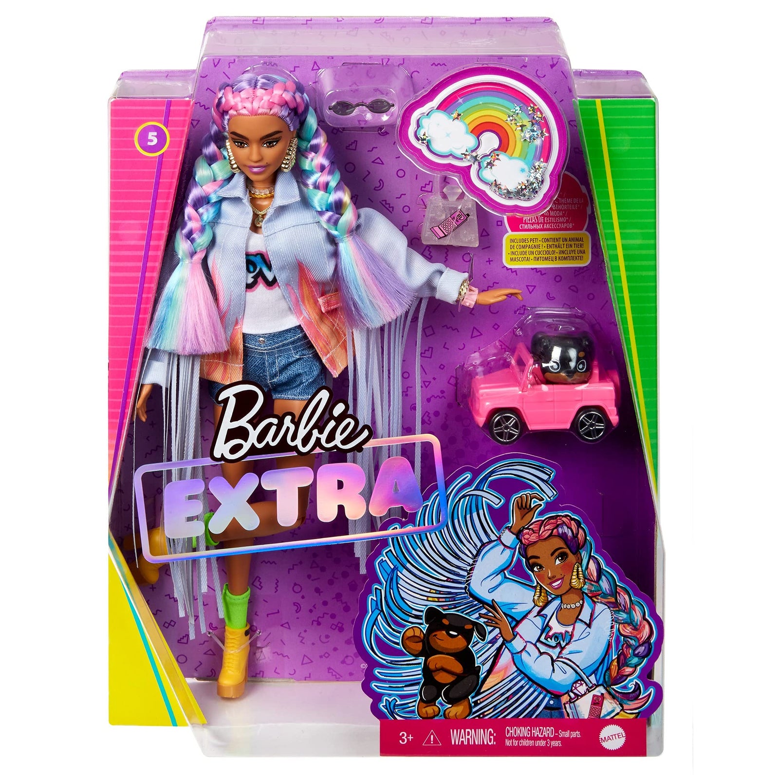 Barbie Extra Doll #5 in Long-Fringe Denim Jacket with Pet Puppy, Rainbow Braids, Layered Outfit & Accessories Including Car for Pet, Multiple Flexible Joints, Gift for Kids 3 Years Old & Up, 12 inch