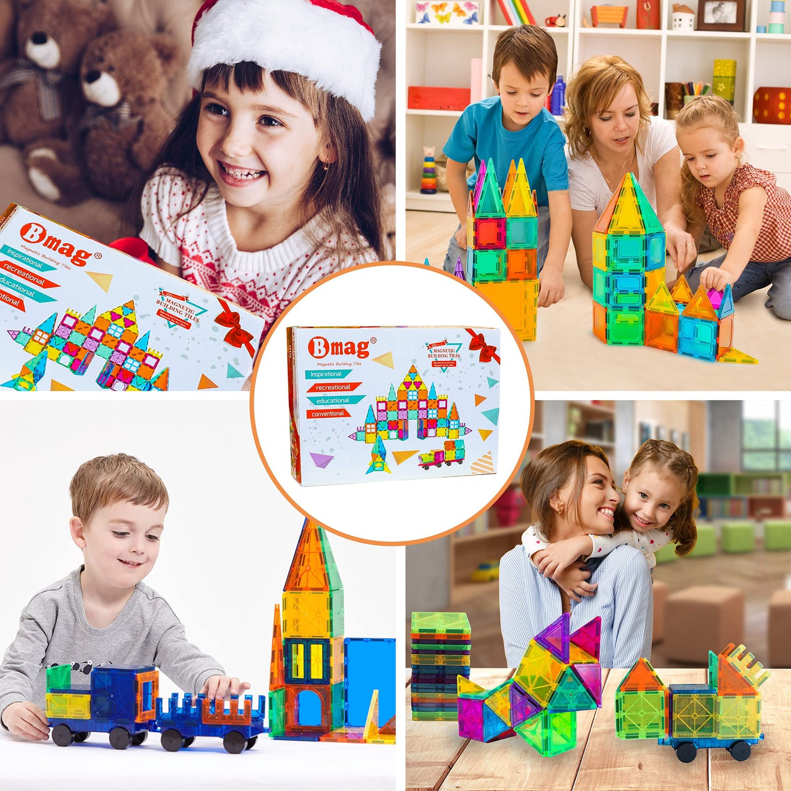 BMAG Magnetic Tiles, 3D Magnet Building Blocks for Kids Toddlers, Stacking Montessori Toys for Children, STEM Preschool Educational Learning Construction Toys for Boys Girls with 2 Cars