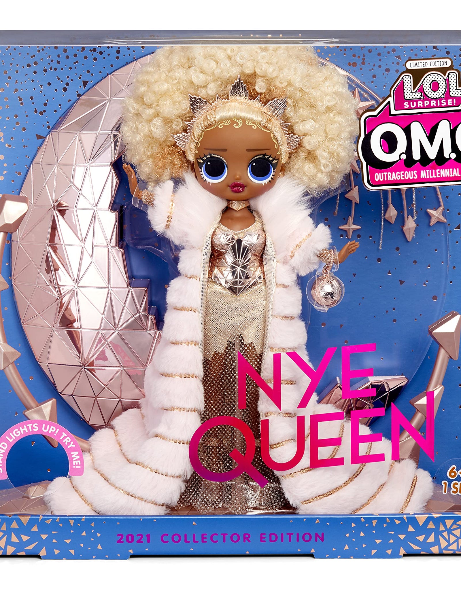 LOL Surprise Holiday OMG 2021 Collector NYE Queen Fashion Doll with Gold Fashions, Accessories, New Year's Celebration Outfit, Light Up Stand– Gift for Kids & Collectors, Toys for Girls Ages 4 5 6 7+