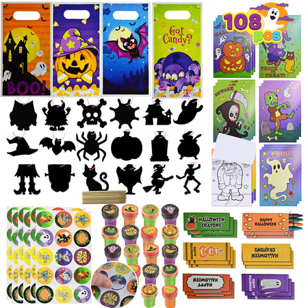 JOYIN 108 Pieces 18 Pack Assorted Halloween Art and Craft Stationery Gift Sets Trick or Treat Party Favor Toy Including Halloween Bag, Scratch Cards, Coloring Books, Stickers, Stamps, Crayons