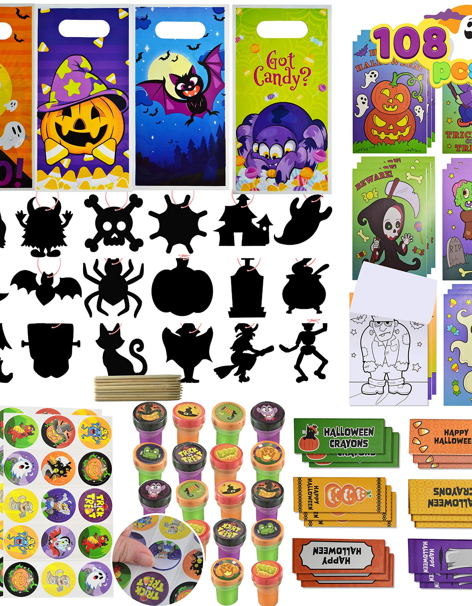 JOYIN 108 Pieces 18 Pack Assorted Halloween Art and Craft Stationery Gift Sets Trick or Treat Party Favor Toy Including Halloween Bag, Scratch Cards, Coloring Books, Stickers, Stamps, Crayons