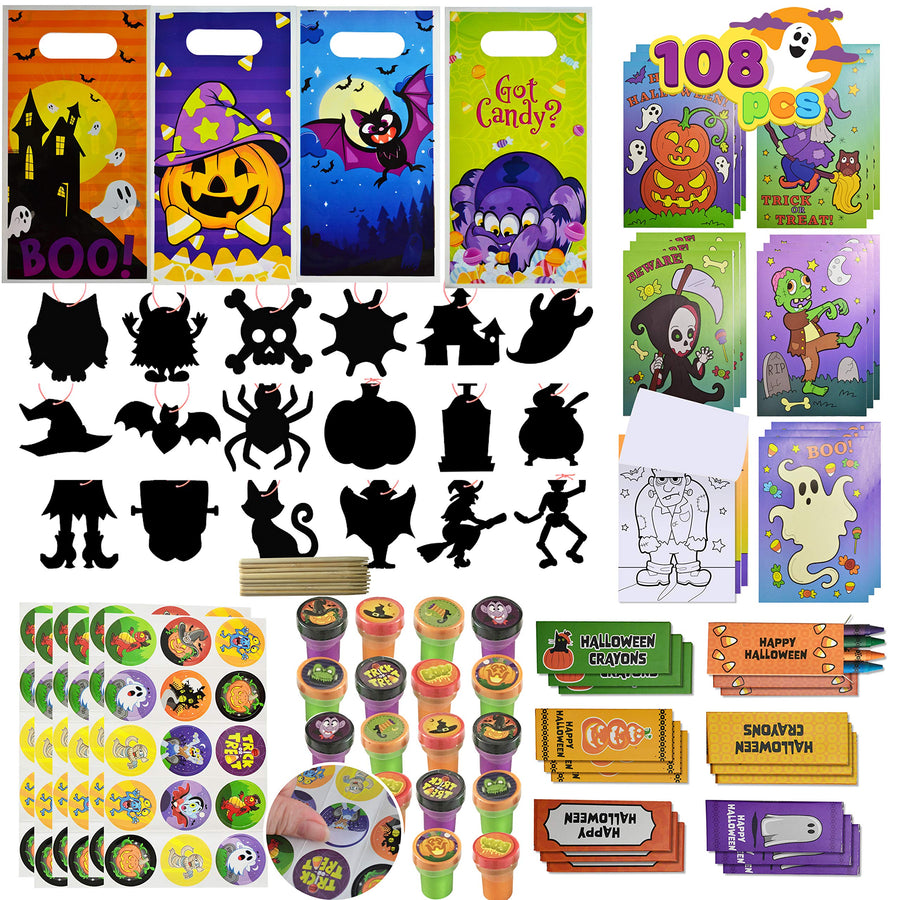 JOYIN 108 Pieces 18 Pack Assorted Halloween Art and Craft Stationery Gift Sets Trick or Treat Party Favor Toy Including Halloween Bag, Scratch Cards, Coloring Books, Stickers, Stamps, Crayons