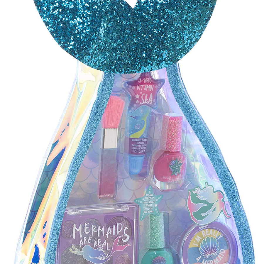Townley Girl Mermaid Vibes Makeup Set with 8 Pieces, Including Lip Gloss, Nail Polish, Body Shimmer and More in Mermaid Bag, Ages 3+ for Parties, Sleepovers and Makeovers