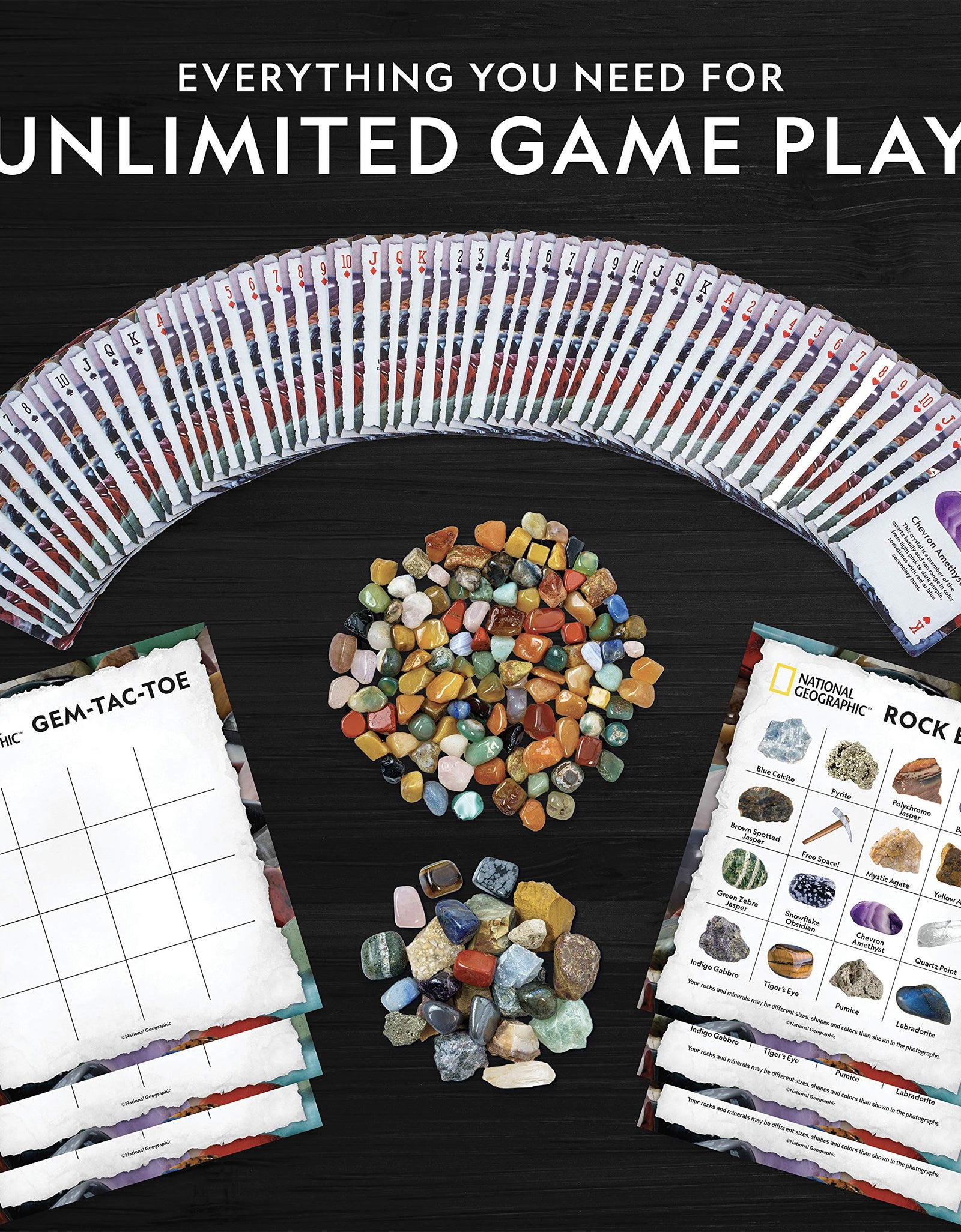 NATIONAL GEOGRAPHIC Rock Bingo Game -Play Rock Bingo, Mineral Memory, Gemstone Trivia, & Your Favorite Card Games, Collection Includes Over 150 Rocks and Minerals, Great Educational STEM Toys for Kids