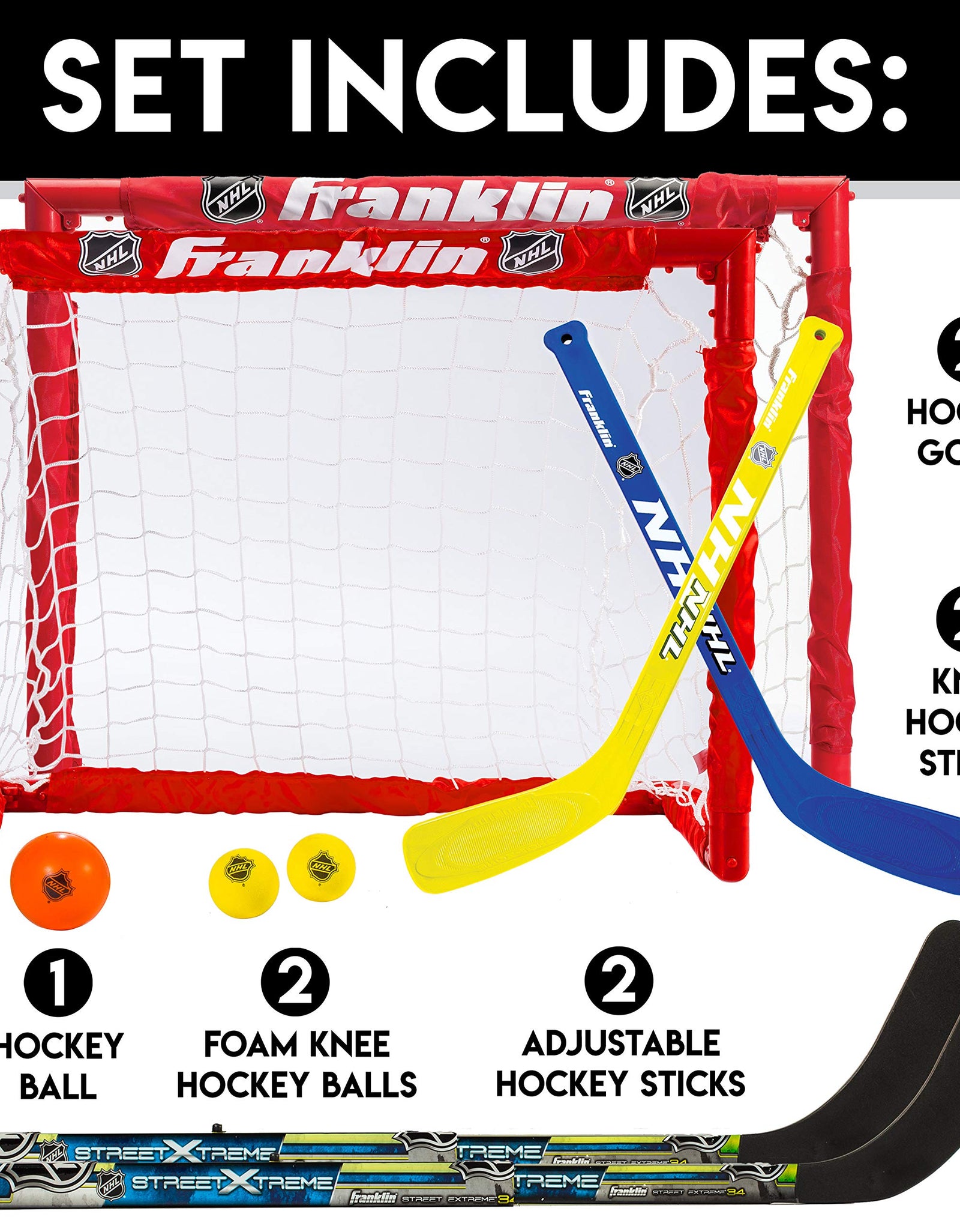 Franklin Sports Kids Folding Hockey 2 Goal Set - NHL - Street Hockey & Knee Hockey - Includes 2 Adjustable Hockey Sticks, 2 Knee Hockey Sticks, 2 Hockey Balls - 24 x 19 x 19 Inch Goal