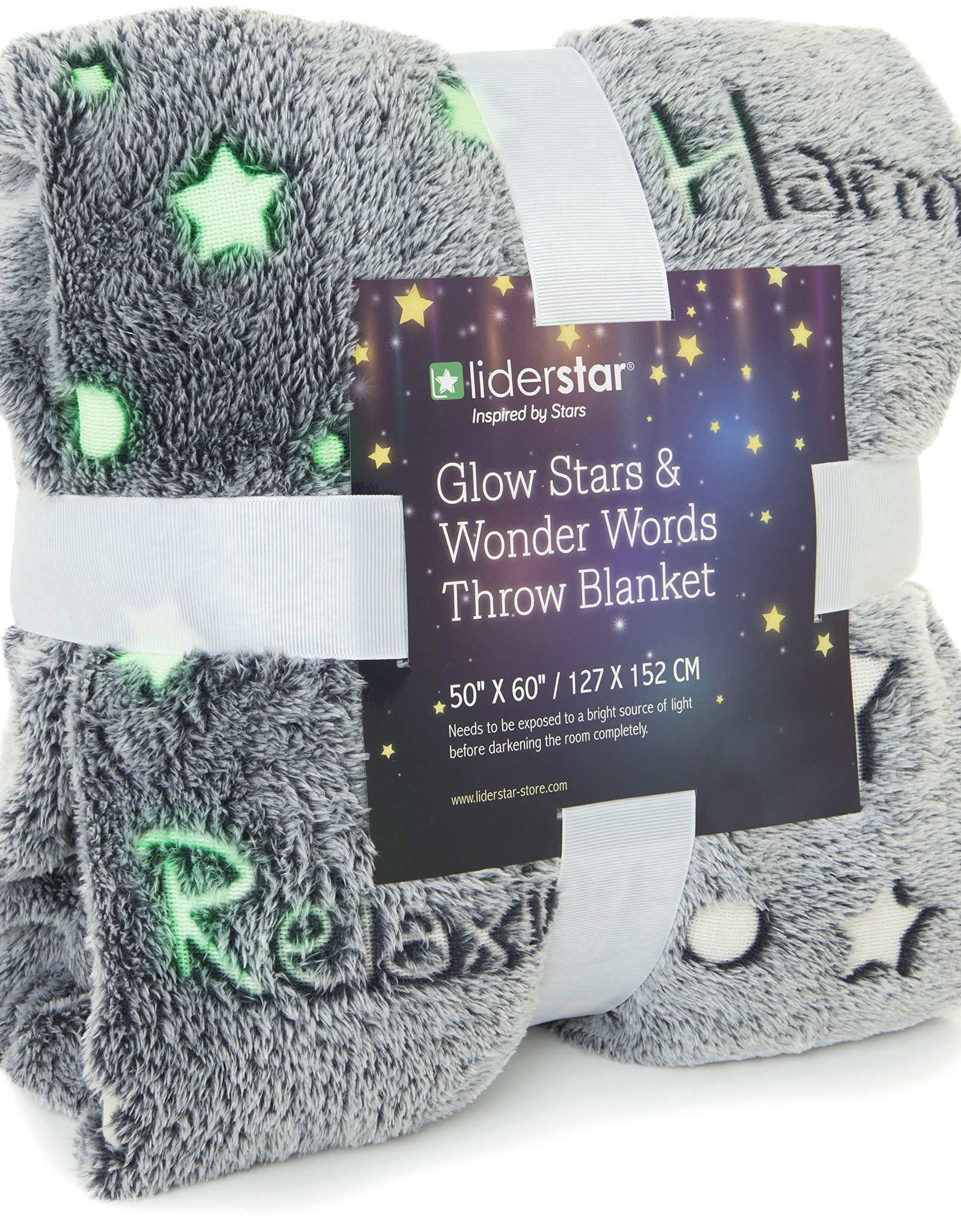 liderstar Glow in The Dark Throw Blanket,Super Soft Fuzzy Fluffy Plush Fleece,Decorated with Stars and Words of Healing, Christmas, Birthday Gift for Girls Boys Kids Teens Toddler, Gray,50"x 60"