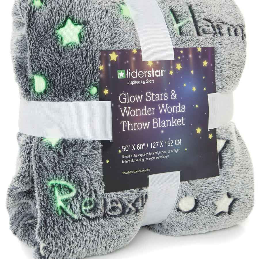 liderstar Glow in The Dark Throw Blanket,Super Soft Fuzzy Fluffy Plush Fleece,Decorated with Stars and Words of Healing, Christmas, Birthday Gift for Girls Boys Kids Teens Toddler, Gray,50"x 60"