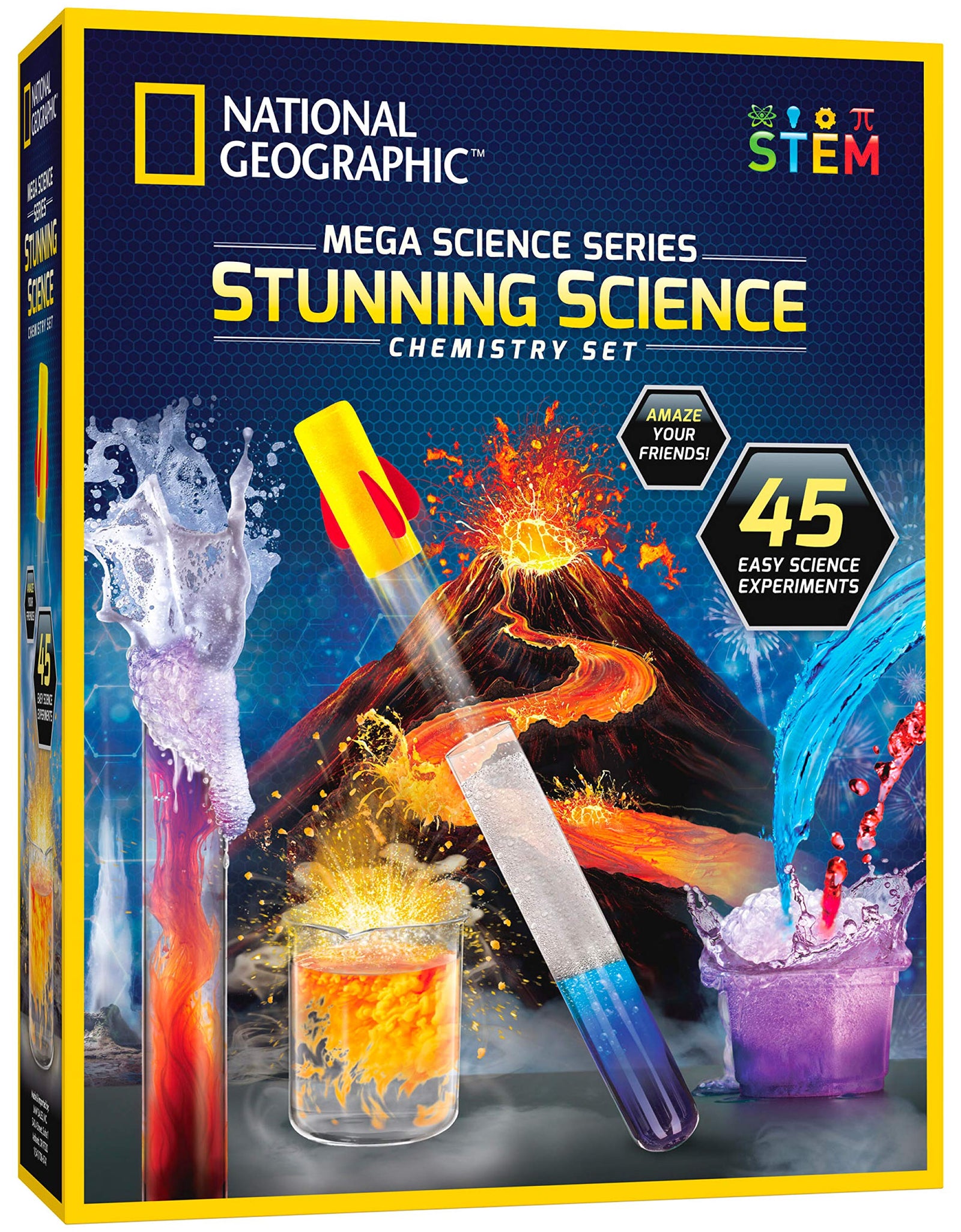 NATIONAL GEOGRAPHIC Stunning Chemistry Set - Mega Science Kit with Over 15 Easy Experiments, Make a Volcano, Launch a Rocket, Create Fizzy Reactions, & More, STEM Toy, an Amazon Exclusive Science Kit