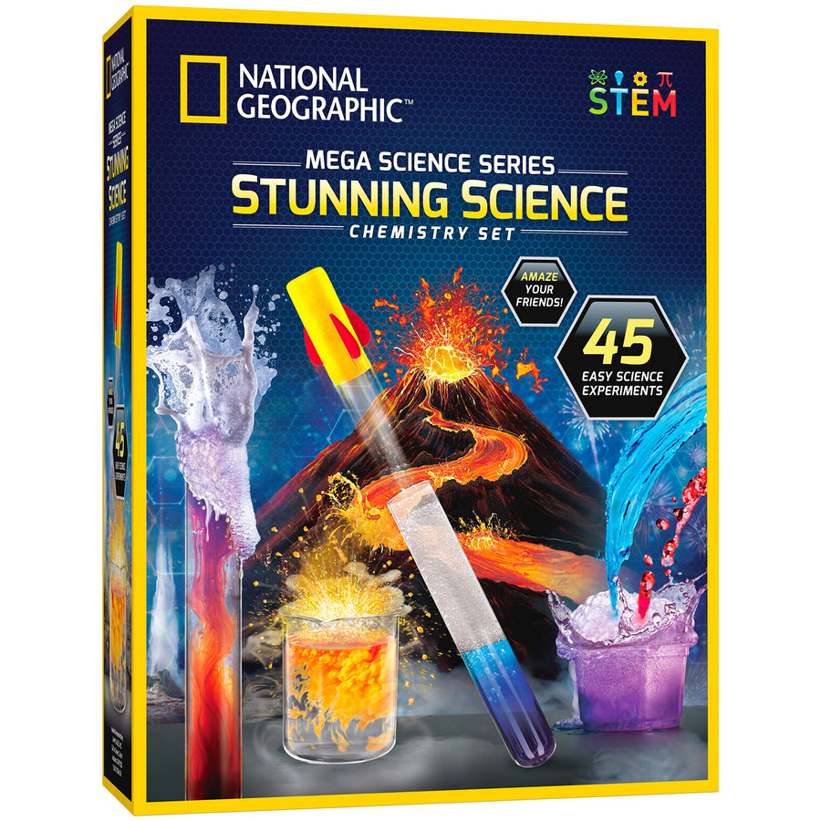 NATIONAL GEOGRAPHIC Stunning Chemistry Set - Mega Science Kit with Over 15 Easy Experiments, Make a Volcano, Launch a Rocket, Create Fizzy Reactions, & More, STEM Toy, an Amazon Exclusive Science Kit