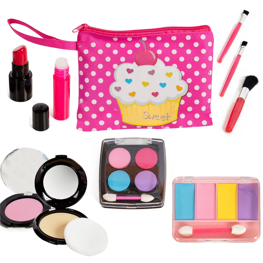 Beverly Hills Pretend Makeup Toy Set, My First Princess Cosmetic Beauty Set for Little Girls, Kids Pretend Play, Dress Up with Stylish Polka Dotted Make Up Bag