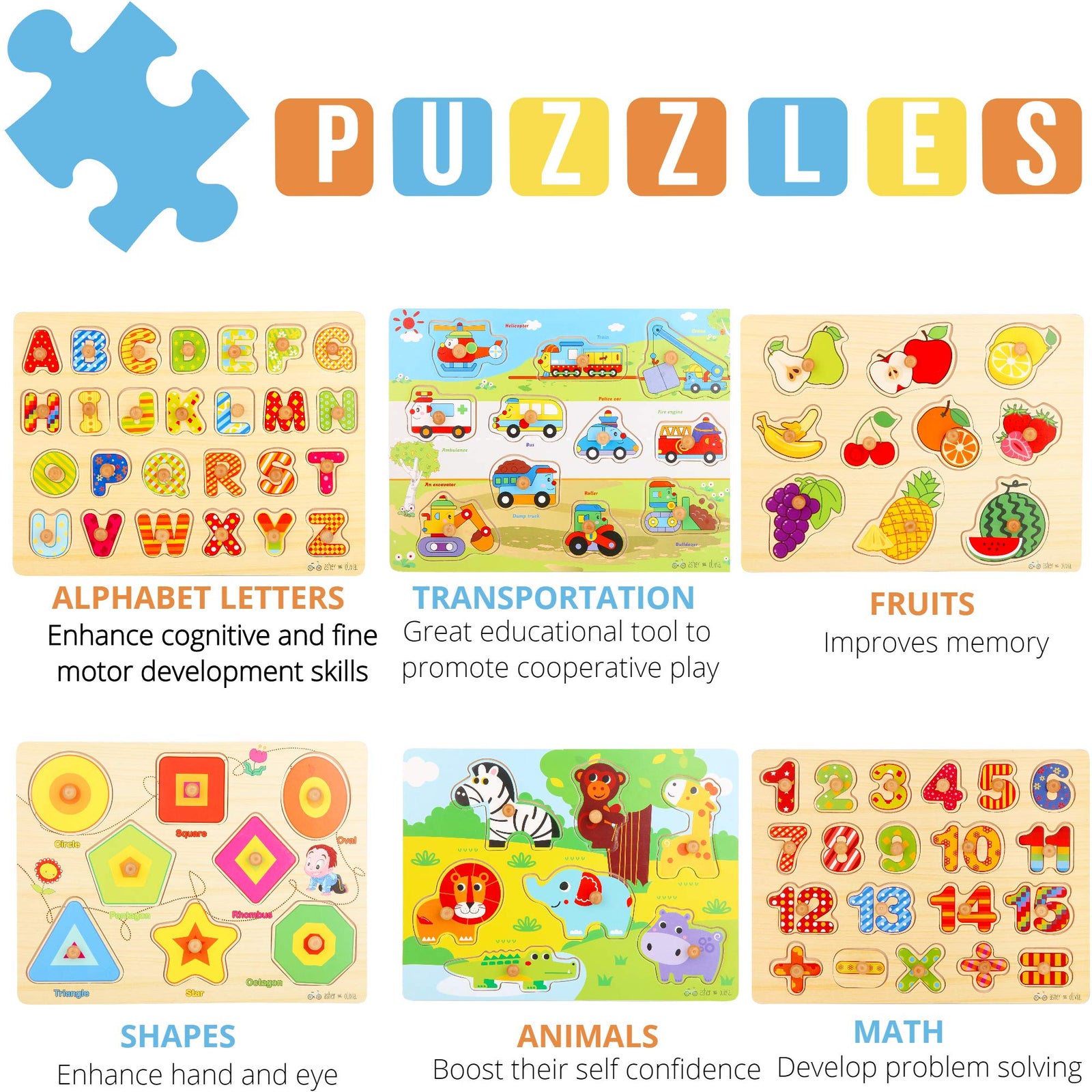 Wooden Toddler Puzzles and Rack Set - (6 Pack) Bundle with Storage Holder Rack and Learning Clock - Kids Educational Preschool Peg Puzzles for Children Babies Boys Girls - Alphabet Numbers Zoo Cars