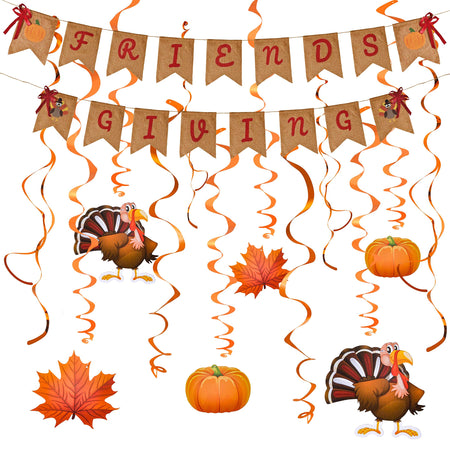 Friendsgiving Garland Party Decoration Set Including 2 Banner Hanging Garland, 6 Foil Swirls with Decorative Hanging Cutouts for Thanksgiving Holiday Decor
