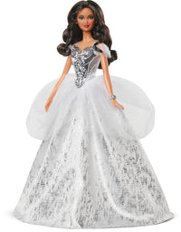 Barbie Signature 2021 Holiday Doll (12-inch, Brunette Hair) in Silver Gown, with Doll Stand and Certificate of Authenticity, Gift for 6 Year Olds and Up
