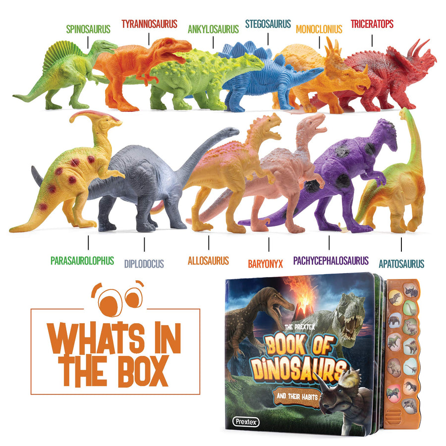 Prextex Realistic Looking Dinosaur With Interactive Dinosaur Sound Book - Pack of 12 Animal Dinosaur Figures with Illustrated Dinosaur Sound Book Toys for Boys and Girls 3 Years Old & Up