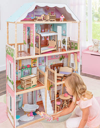 KidKraft Charlotte Classic Wooden Dollhouse with EZ Kraft Assembly, 14-Piece Accessory Set, for 12-Inch Dolls, Gift for Ages 3+
