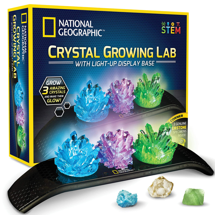NATIONAL GEOGRAPHIC Crystal Growing Kit - 3 Vibrant Colored Crystals to Grow with Light-Up Display Stand & Guidebook, Includes 3 Real Gemstone Specimens Including A Geode & Green Fluorite