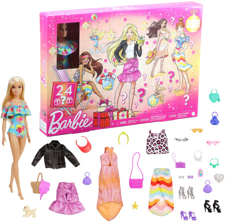 Barbie Advent Calendar with Barbie Doll (12-in), 24 Surprises Including Day-to-Night Trendy Clothing & Accessories, Festive Holiday Themed Packaging for Kids 3 to 7 Years Old
