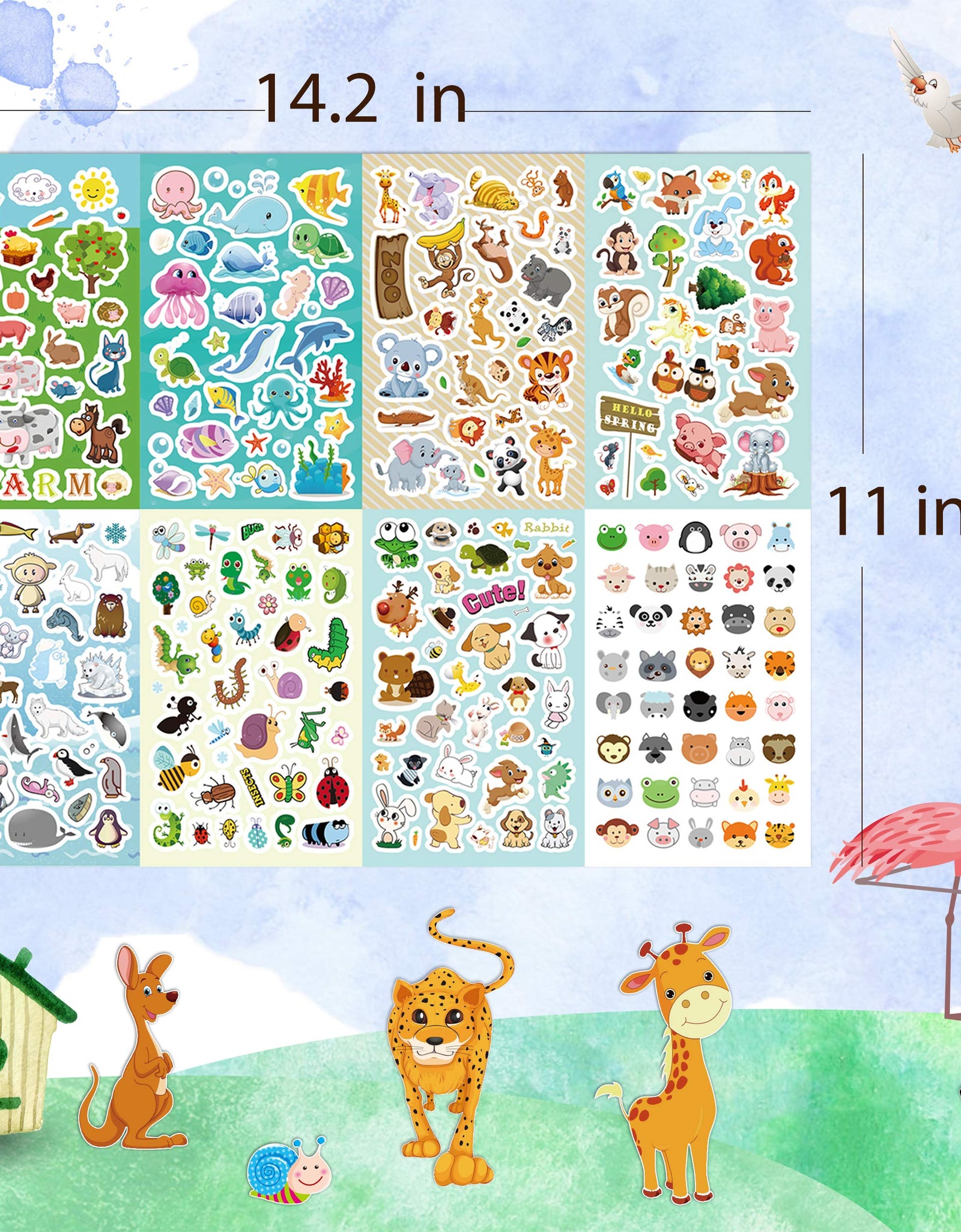 Sinceroduct Animal Stickers Assortment Set, 8 Sheets (1800+ Count), 2 Different Styles 16 Themes Collection for Kids, Children, Teacher, Parent, Grandparent, Animals of The World Sticker Variety Pack