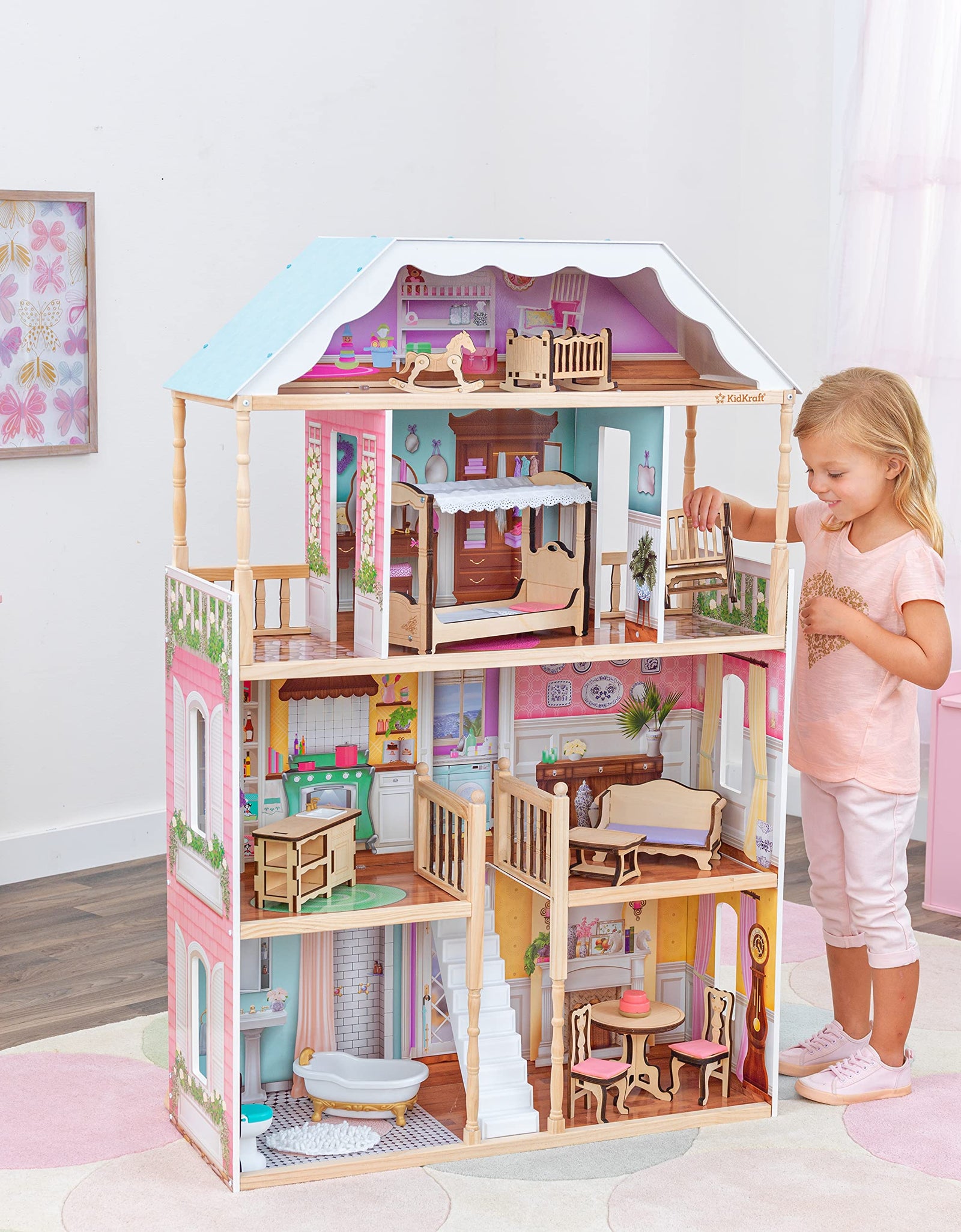 KidKraft Charlotte Classic Wooden Dollhouse with EZ Kraft Assembly, 14-Piece Accessory Set, for 12-Inch Dolls, Gift for Ages 3+