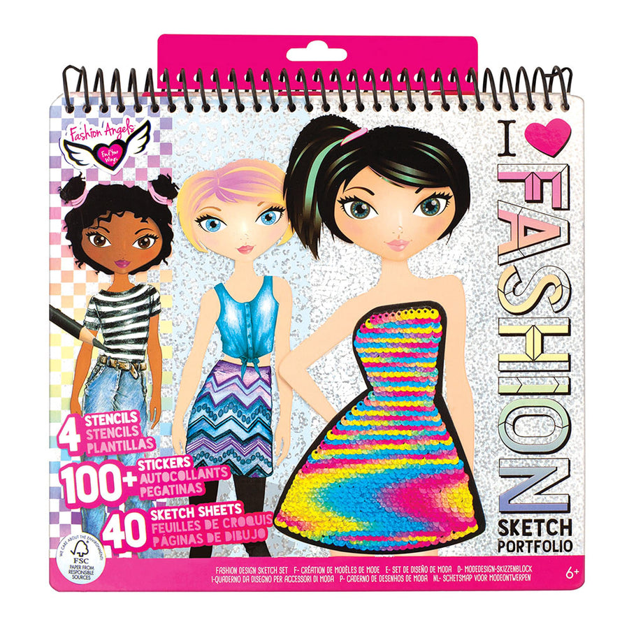 Fashion Angels Fashion Design Sketch Portfolio (11451), Sketch Book for Beginners, Fashion Sketch Pad with Stencils and Stickers For Kids 6 and Up