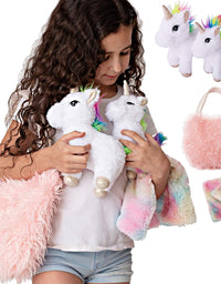Unicorn Gift for Girls 4 Pcs Set. Baby and Mommy Unicorn Toy, XL Furry Bag and Baby Doll Blanket. Adorable Plush Toy for 3 4 5 Year Old Girl, Unicorn Gift for Little Girl. Birthday, Christmas Age 2-8
