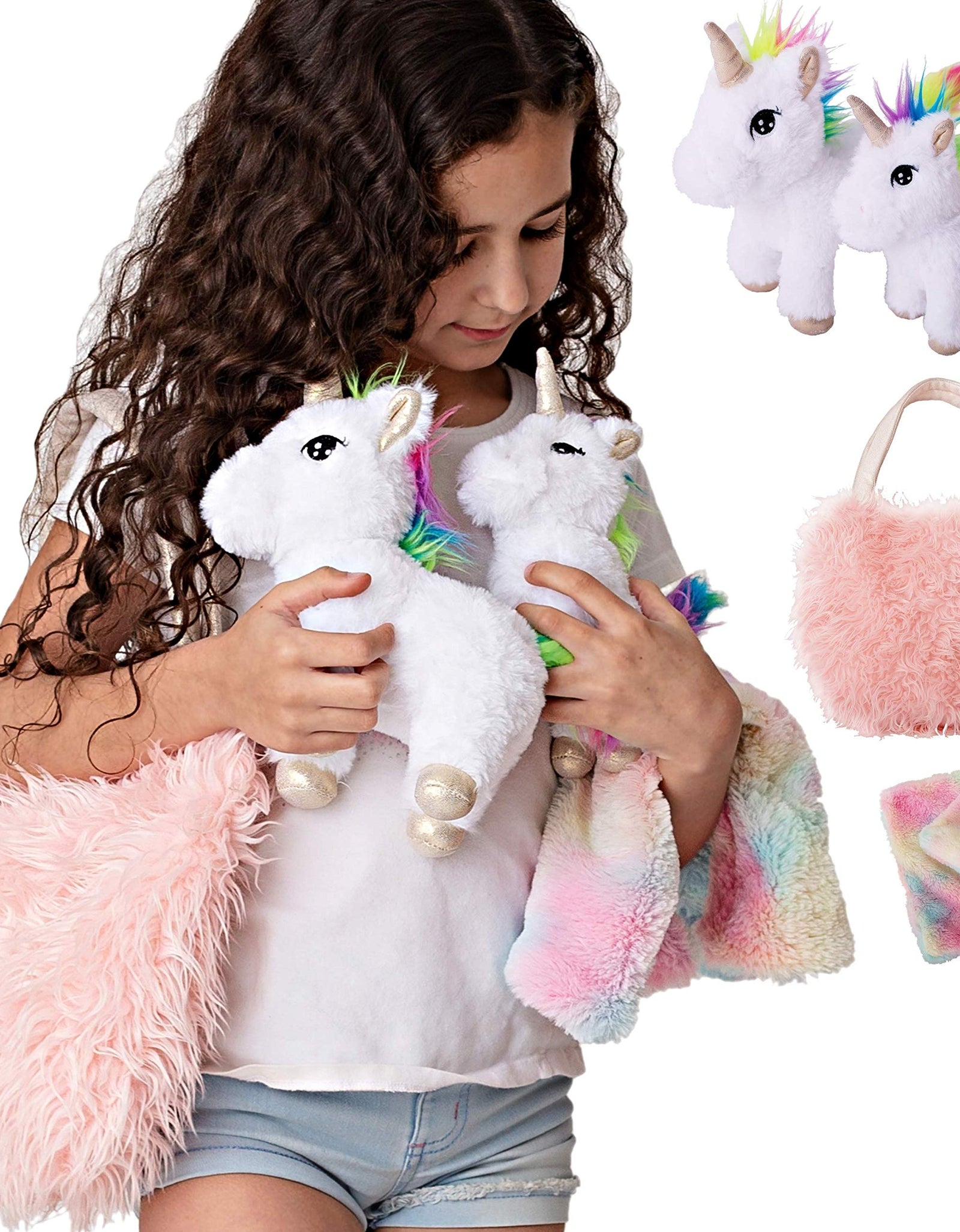 Unicorn Gift for Girls 4 Pcs Set. Baby and Mommy Unicorn Toy, XL Furry Bag and Baby Doll Blanket. Adorable Plush Toy for 3 4 5 Year Old Girl, Unicorn Gift for Little Girl. Birthday, Christmas Age 2-8