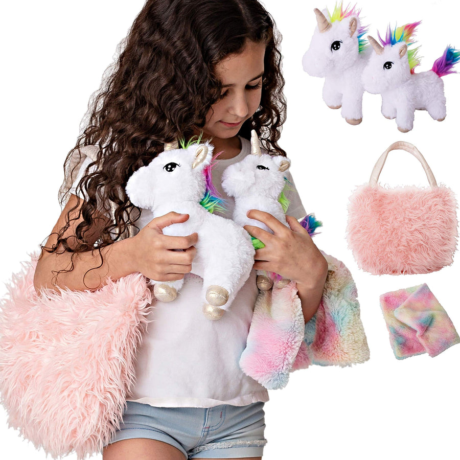 Unicorn Gift for Girls 4 Pcs Set. Baby and Mommy Unicorn Toy, XL Furry Bag and Baby Doll Blanket. Adorable Plush Toy for 3 4 5 Year Old Girl, Unicorn Gift for Little Girl. Birthday, Christmas Age 2-8