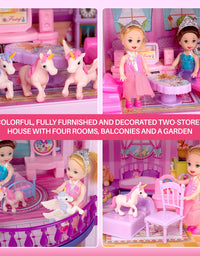 Dollhouse w/ 2 Princesses, 4 Unicorns and Dog Dolls - Pink / Purple Dream House Toy for Little Girls - 4 Rooms w/ Garden - Pretend Play for Toddlers w/ Furniture and Accessories - Girls Ages 3 - 6
