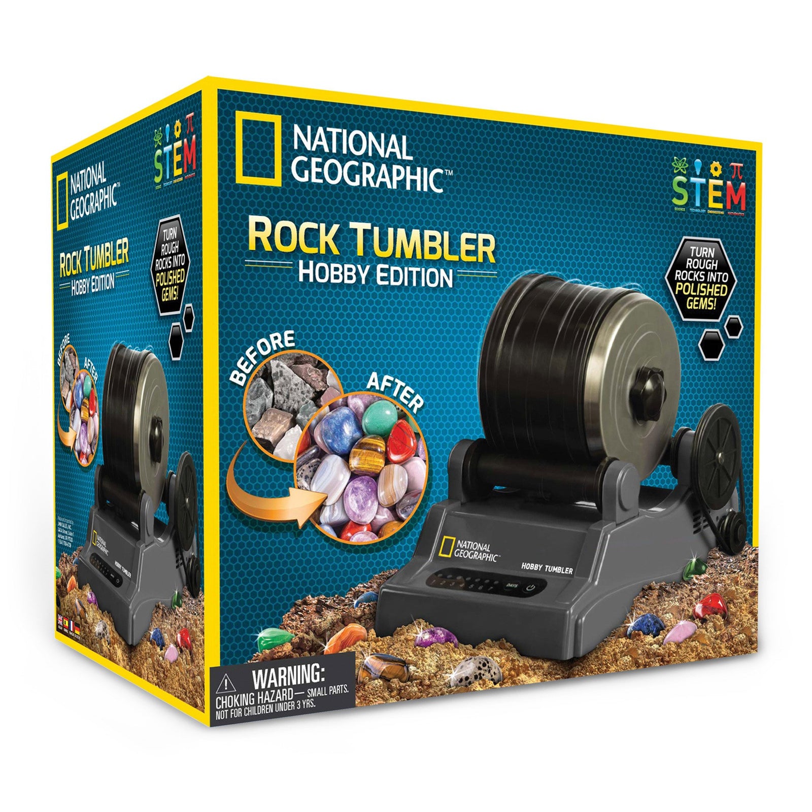 NATIONAL GEOGRAPHIC Hobby Rock Tumbler Kit - Includes Rough Gemstones, 4 Polishing Grits, Jewelry Fastenings, Learning Guide, Great Stem Science Kit
