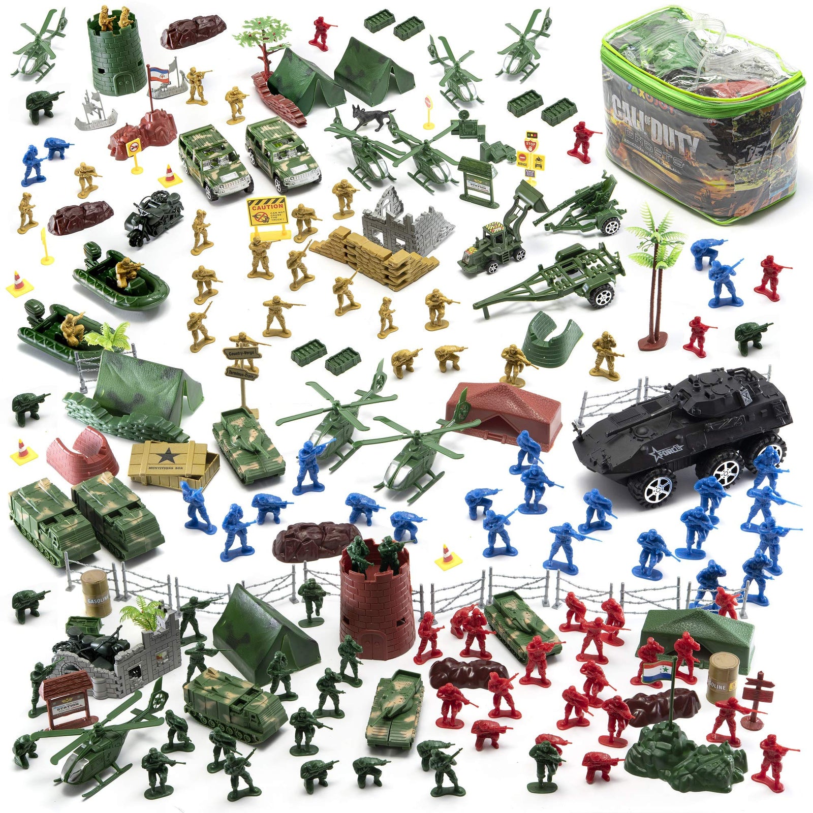 JaxoJoy 200-Piece Army Men Military Set - Cool Mini Action Figure Play Set w/ Soldiers, Vehicles, Aircraft & Boats - Pretend WWII Army Base & Military Toy Figurines for Boys
