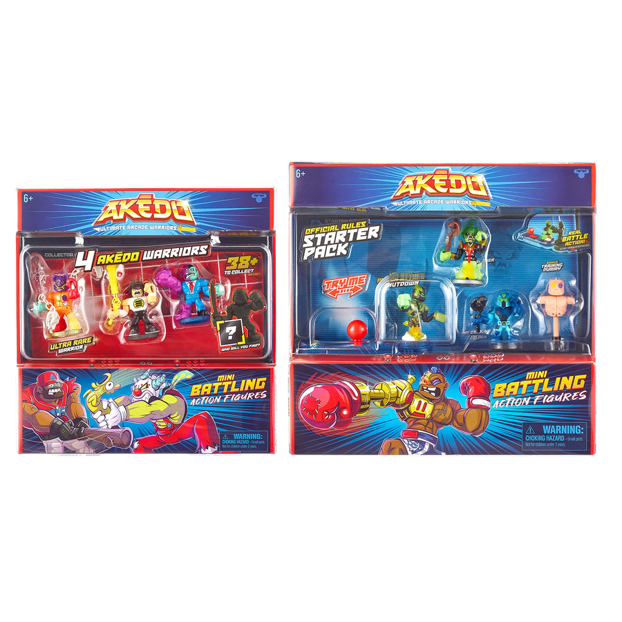 Akedo Ultimate Arcade Warriors - Starter Pack & Warrior Collector Pack Bundle Pack - Mini Battling Action Figures - Ready, Fight, Split Strike! Amazon Exclusive, Multicolor (14239)