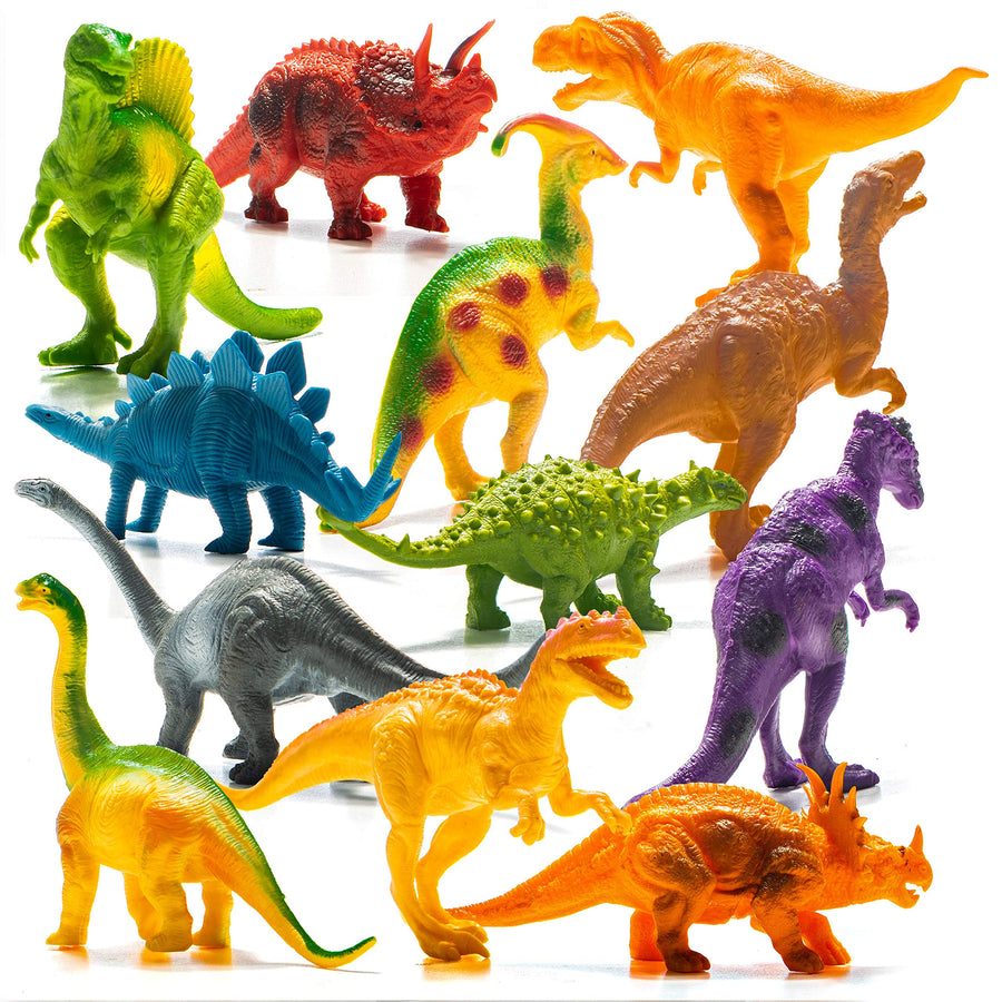 Prextex Realistic Looking 7" Dinosaurs Pack of 12 Toys for Boys and Girls 3 Years Old & Up Large Plastic Assorted Dinosaur Figures with Dinosaur Book