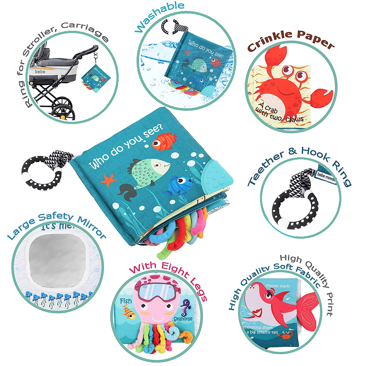 Fish Soft Cloth Book, Shark Tails Soft Activity Crinkle Baby Books Toys for Early Education for Babies,Toddlers,Infants,Kids, Teether Ring,Teething Baby Book Baby Shark,Octopus, Ocean Sea Animal Books