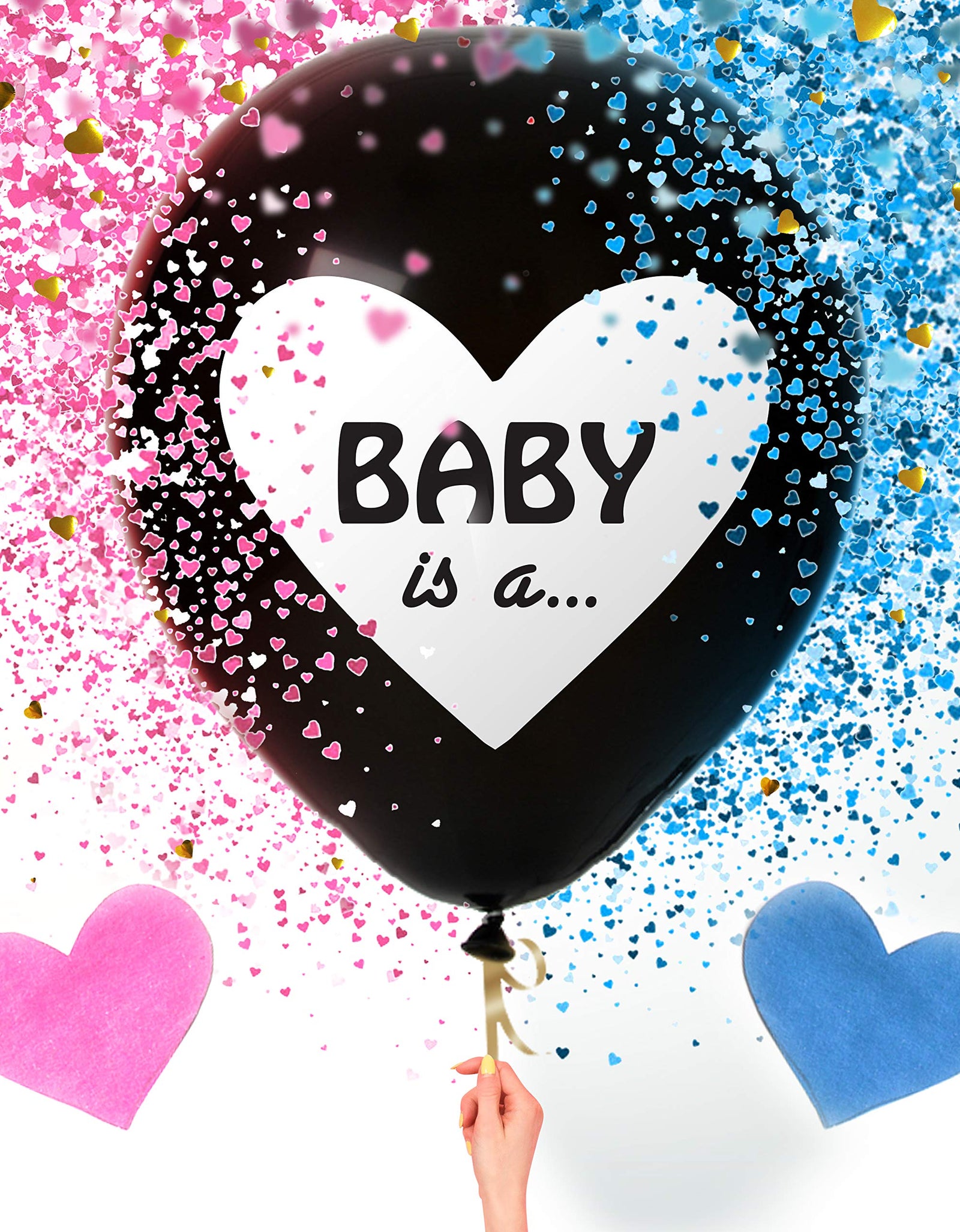 Sweet Baby Co. Jumbo 36 Inch Baby Gender Reveal Balloon | Big Black Balloons with Pink and Blue Heart Shape Confetti Packs for Boy or Girl | Baby Shower Gender Reveal Party Supplies Decoration Kit