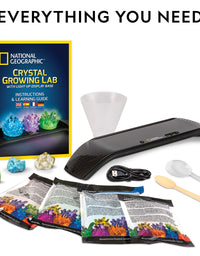 NATIONAL GEOGRAPHIC Crystal Growing Kit - 3 Vibrant Colored Crystals to Grow with Light-Up Display Stand & Guidebook, Includes 3 Real Gemstone Specimens Including A Geode & Green Fluorite
