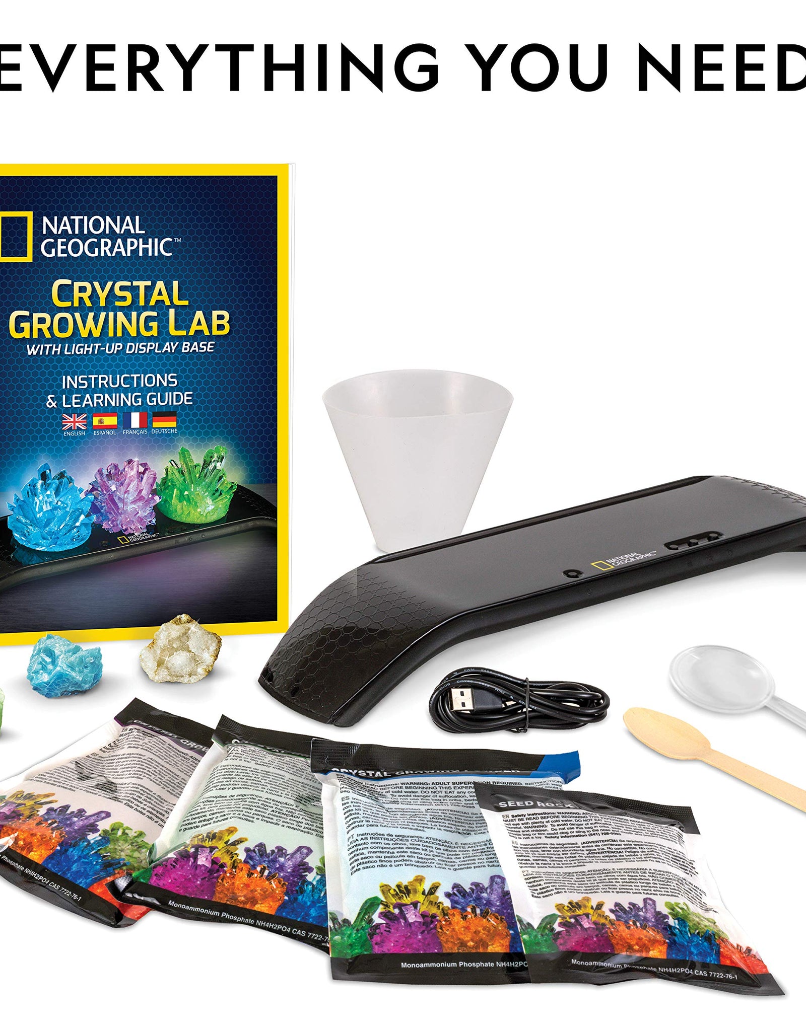 NATIONAL GEOGRAPHIC Crystal Growing Kit - 3 Vibrant Colored Crystals to Grow with Light-Up Display Stand & Guidebook, Includes 3 Real Gemstone Specimens Including A Geode & Green Fluorite